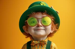 AI generated a little boy stands on a yellow background wearing a leprechaun hat leprechaun photo