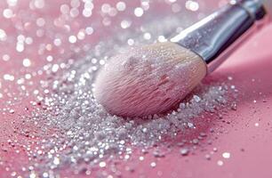 AI generated makeup brush is dipped in white glitter flakes photo