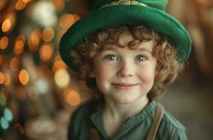 AI generated little boy in green leprechaun hat smiling leprechaun photo