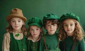 ai generado niños en verde disfraces posando para un foto en S t patricks fiesta