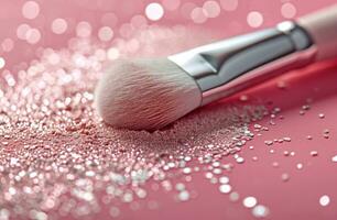 AI generated a makeup brush with white shimmer on a pink background photo