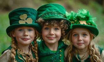 AI generated kids in green costumes posing for a photo on st patricks holiday