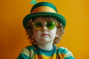 AI generated little boy in a st patrick's day hat and sunglasses photo