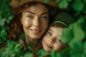 AI generated woman with little child in shamrock leprechaun hat smiling, surrounded by green leaves photo