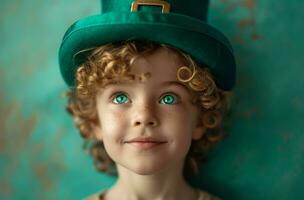 ai generado pequeño chico en verde duende sombrero sonriente duende foto