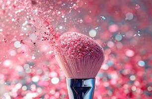 AI generated pink background with a makeup brush floating in confetti photo