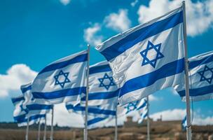 AI generated israeli flags waving against blue sky photo