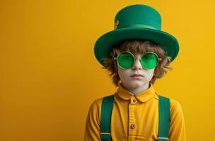 AI generated a little boy stands on a yellow background wearing a leprechaun hat leprechaun photo