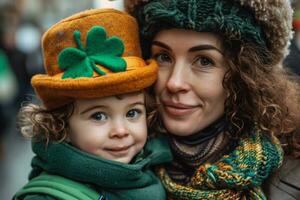 AI generated woman gives kid a shamrock hat photo