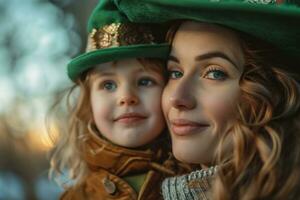 AI generated woman gives kid a shamrock hat photo