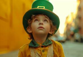 ai generado un pequeño chico soportes en un amarillo antecedentes vistiendo un duende sombrero duende foto