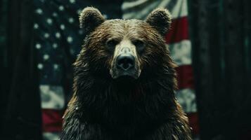 AI generated a bear standing at attention with a flag behind it photo