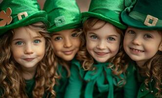 AI generated kids in green costumes posing for a photo on st patricks holiday