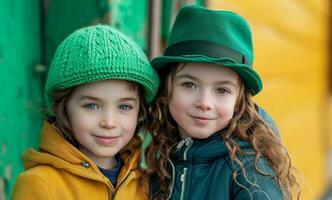 AI generated kids in green costumes posing for a photo on st patricks holiday