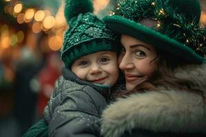 ai generado mujer abrazando niño vistiendo un verde sombrero foto