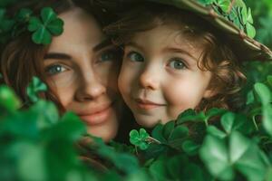 AI generated woman with little child in shamrock leprechaun hat smiling, surrounded by green leaves photo