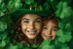 AI generated woman with little child in shamrock leprechaun hat smiling, surrounded by green leaves photo