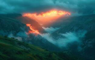 AI generated beautiful aerial, red, blue and yellow cloud rising over green valleys in the mountains photo