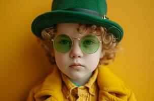 AI generated little boy in a st patrick's day hat and sunglasses photo