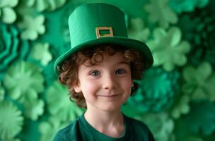 ai generado pequeño chico en verde duende sombrero sonriente duende foto