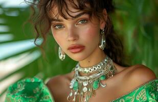 AI generated opulent model model in green gown photo