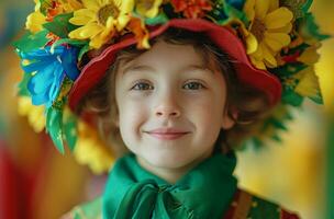 ai generado un niño vistiendo verde y rojo sombrero chico foto