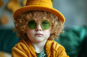 AI generated little boy in a st patrick's day hat and sunglasses photo
