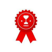 Winner red rubber badge with red ribbon on white background. Realistic object. Vector illustration.