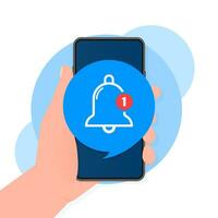 Flat template with bell alert and smartphone on blue background for mobile app design. Application interface. Comment sign symbol. Vector illustration.