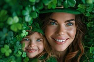 AI generated woman with little child in shamrock leprechaun hat smiling, surrounded by green leaves photo