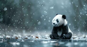 ai generado un negro y blanco relleno panda sentado siguiente a un brillante bokeh antecedentes foto