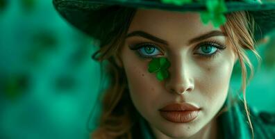 AI generated the woman is dressed in green with a shamrock in her face photo