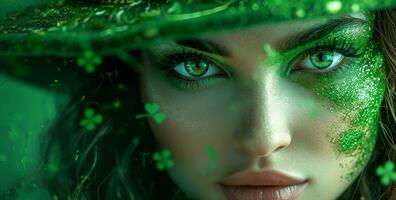 AI generated the woman is dressed in green with a shamrock in her face photo