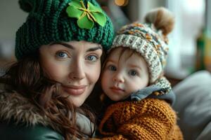 AI generated woman gives kid a shamrock hat photo