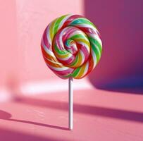 AI generated a colorful lollipop on a flat pink surface photo