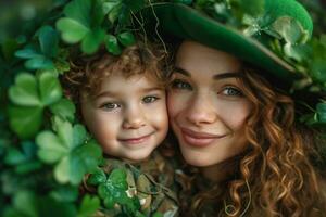 AI generated woman with little child in shamrock leprechaun hat smiling, surrounded by green leaves photo