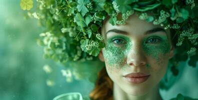 AI generated the woman is dressed in green with a shamrock in her face photo