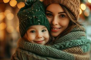 ai generado mujer abrazando niño vistiendo un verde sombrero foto