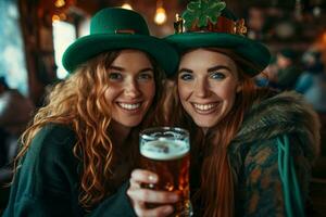 ai generado dos personas en S t patrick's día sombreros son celebrando y Bebiendo cerveza foto