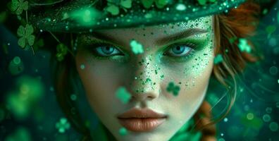 AI generated the woman is dressed in green with a shamrock in her face photo