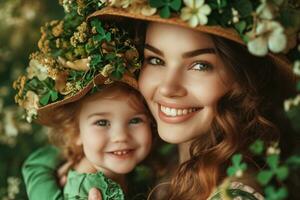 AI generated woman gives kid a shamrock hat photo