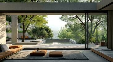 AI generated glass patio doors open up to the outdoor area photo