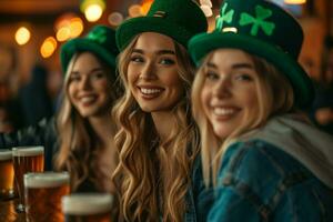 ai generado grupo de mujer sonriente en S t patrick's sombreros sentado a un bar foto