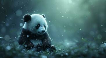 ai generado un negro y blanco relleno panda sentado siguiente a un brillante bokeh antecedentes foto