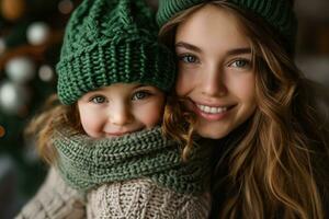 AI generated woman hugging child wearing a green hat photo