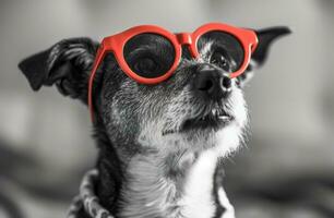 ai generado un perro y un corazón con rojo corazón lentes mirando arriba foto