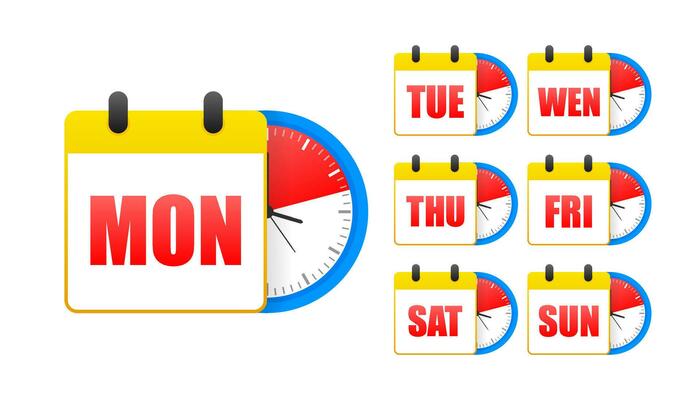 Calendar web buttons - Days of the week. The days of week badges. Set of Every Day of a Week Calendar.
