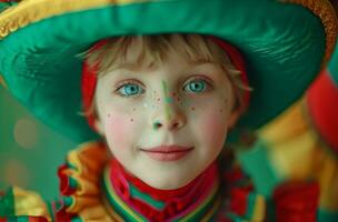 ai generado un niño vistiendo verde y rojo sombrero chico foto