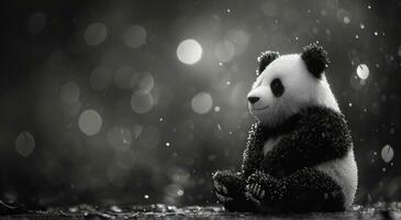 ai generado un negro y blanco relleno panda sentado siguiente a un brillante bokeh antecedentes foto