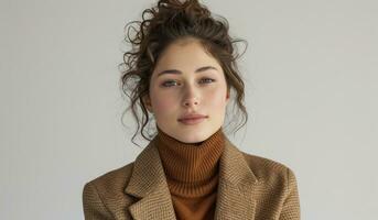 AI generated a woman in a tan turtleneck and jacket photo